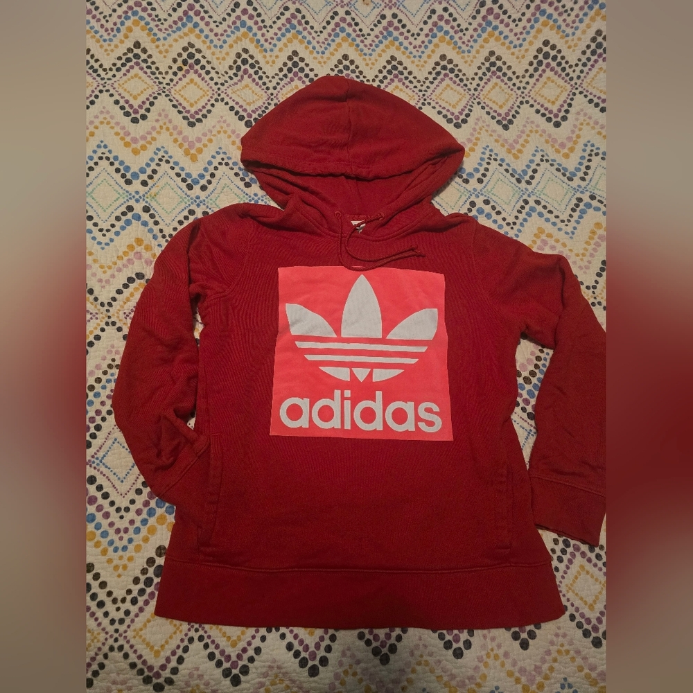 Adidas Red Draw String Logo Long Sleeve Solid Sweatshirt Hoodie